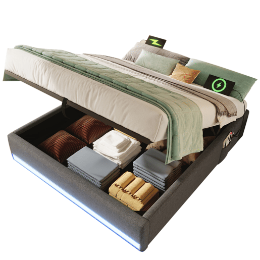 Cama com armazenamento hidráulico 140*200 cm - Com faixa LED controlável por comando, com portas USB e Tipo C, sem cabeceira, com pequenos bolsos - Cinza