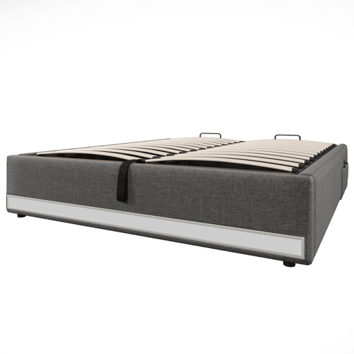 Cama com armazenamento hidráulico 140*200 cm - Com faixa LED controlável por comando, com portas USB e Tipo C, sem cabeceira, com pequenos bolsos - Cinza