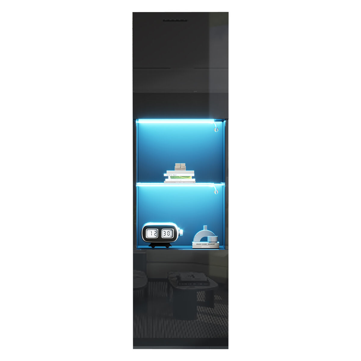 Vitrina alta 45x35x160 cm - led, 1 estante de vidrio - negro brillante