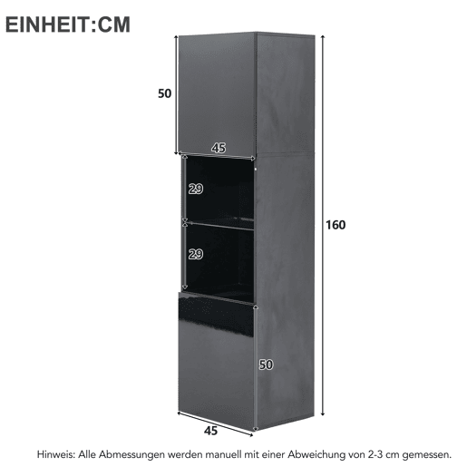 Vitrine alta 45x35x160 cm - LED, 1 prateleira de vidro - Preto brilhante