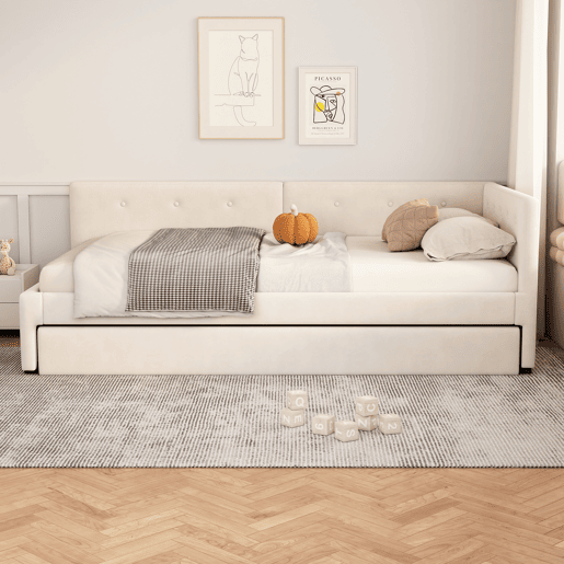 Cama Daybett 90x200 cm - Cama de día con cama adicional, sofá cama, cama individual, estilo minimalista - Beige