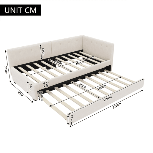 Cama Daybett 90x200 cm - Cama de día con cama adicional, sofá cama, cama individual, estilo minimalista - Beige