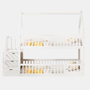 Cama beliche infantil 90x200 - madeira maciça com teto, escada de segurança e gavetas de arrumação - branco