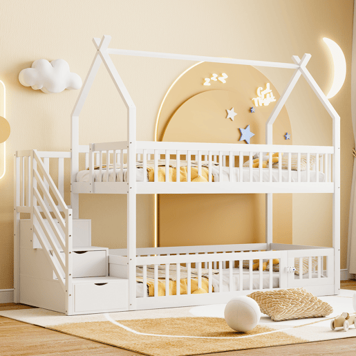 Cama beliche infantil 90x200 - madeira maciça com teto, escada de segurança e gavetas de arrumação - branco