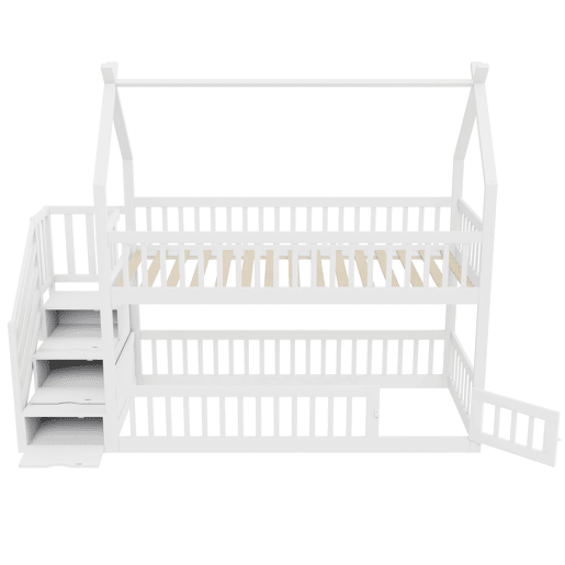 Cama beliche infantil 90x200 - madeira maciça com teto, escada de segurança e gavetas de arrumação - branco