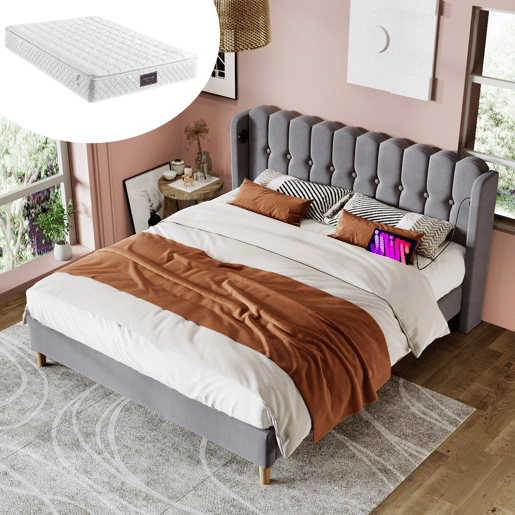 Cama de casal 140x200 cm - com carregador USB tipo C, com cabeceira ajustável - Cinza