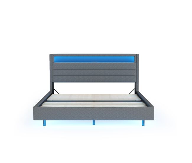 Cama tapizada 140x200 cm - con toma usb y luz led, cabecero reversible, pie oculto, cama doble, cama juvenil, cama para adultos - gris