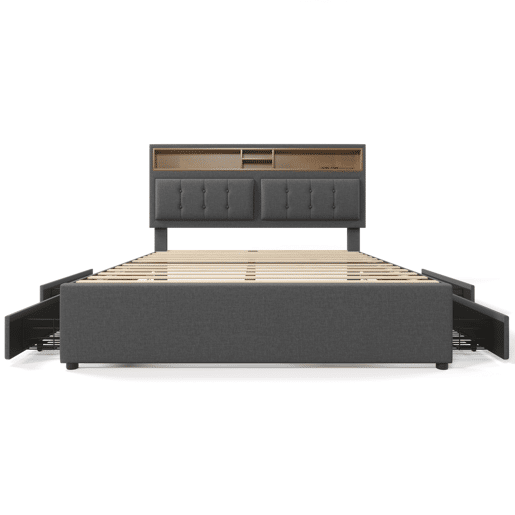 Cama estofada 160x200 cm - Com 4 gavetas, entrada USB-C, cabeceira ajustável, estrado de madeira (com colchão) - Cinza