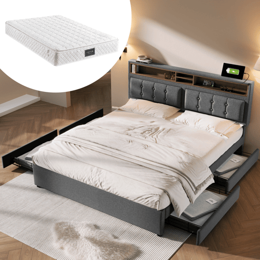 Cama estofada 160x200 cm - Com 4 gavetas, entrada USB-C, cabeceira ajustável, estrado de madeira (com colchão) - Cinza