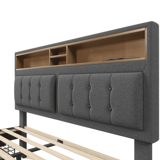 Cama estofada 160x200 cm - Com 4 gavetas, entrada USB-C, cabeceira ajustável, estrado de madeira (com colchão) - Cinza