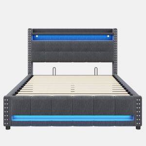 Cama estofada 140*200 - Com iluminação LED, tomada USB, cabeceira com prateleiras e arrumação, com sistema hidráulico para arrumação - Cinza