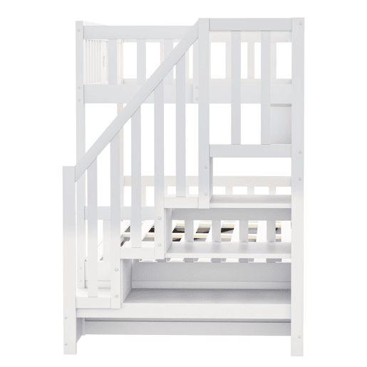 Cama alta 90x200 cm - Cama juvenil, escadas com arrumação, prateleiras, cama loft, hidráulica - Branco