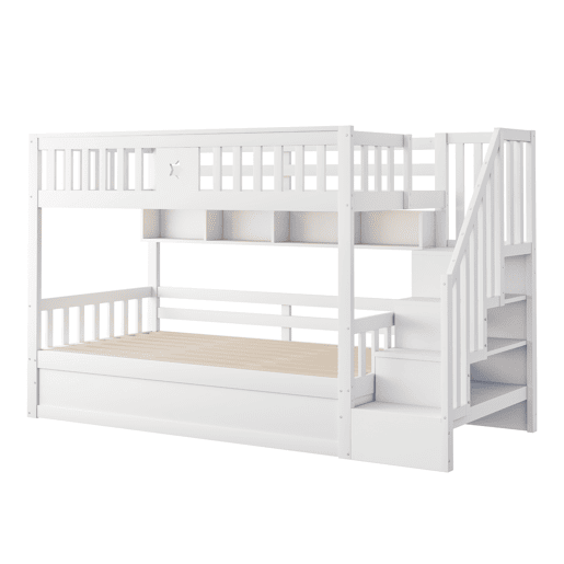 Cama alta 90x200 cm - Cama juvenil, escadas com arrumação, prateleiras, cama loft, hidráulica - Branco