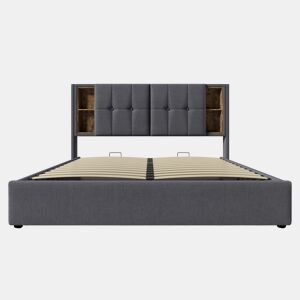 Cama de casal 160x200 cm - Cama com carregamento sem fios USB C, com arrumação, estrado de madeira - Cinza algodão