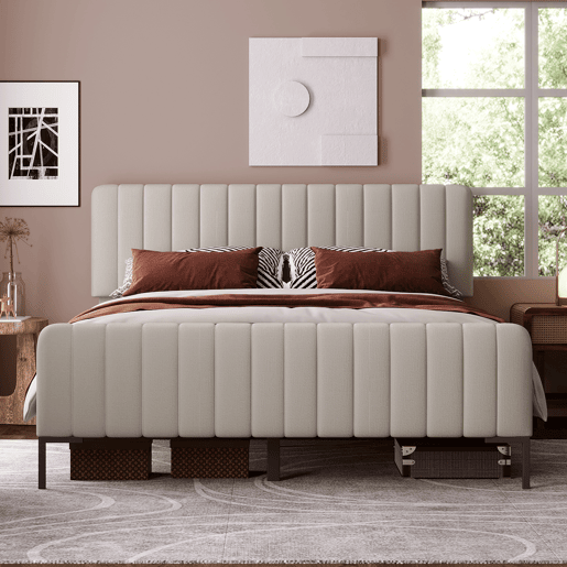 Cama individual estofada 160x200 - cabeceira ajustável, estrado incluído, estrutura em linho - Cinza-Bege