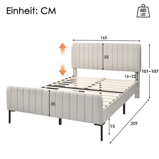 Cama individual estofada 160x200 - cabeceira ajustável, estrado incluído, estrutura em linho - Cinza-Bege