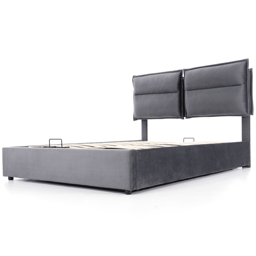 Cama de casal 140x200 - Cabeceira ajustável, arrumação, estrutura metálica, veludo - Cinza