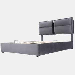 Cama de casal 140x200 - Cabeceira ajustável, arrumação, estrutura metálica, veludo - Cinza