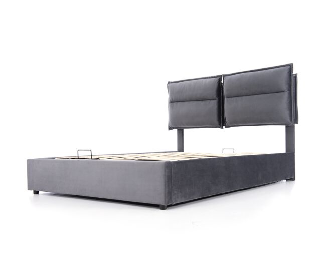 Cama doble 140x200 - cabecero ajustable, almacenamiento, estructura metálica, terciopelo - gris