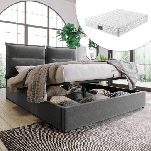 Cama de casal 140x200 - Cabeceira ajustável, arrumação, estrutura metálica, veludo - Cinza
