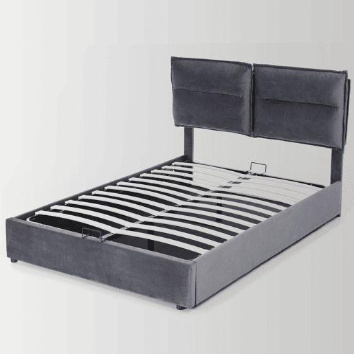Cama de casal 140x200 - Cabeceira ajustável, arrumação, estrutura metálica, veludo - Cinza