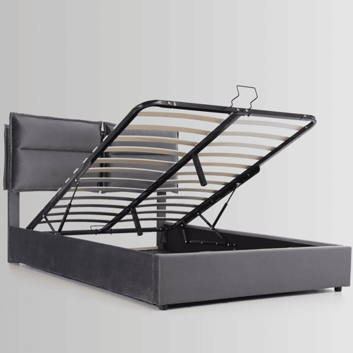 Cama de casal 140x200 - Cabeceira ajustável, arrumação, estrutura metálica, veludo - Cinza