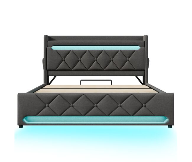 Cama doble 160x200 - cabecero con almacenamiento, puertos usb y tipo c, función led 360 - gris