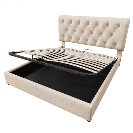 Cama de casal 140x200 - estofada, hidráulica, cabeceira ajustável, com arrumação - Natural