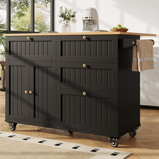 Ilha de cozinha moderna 120x60x90 cm - Buffet, mesa multifuncional com arrumação, carrinho de cozinha com prateleiras extensíveis - Preto Ilha de cozinha moderna 120x60x90 cm - Buffet, mesa multifuncional com arrumação, carrinho de cozinha com prateleiras extensíveis - Preto