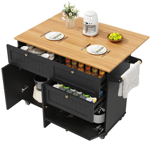 Ilha de cozinha moderna 120x60x90 cm - Buffet, mesa multifuncional com arrumação, carrinho de cozinha com prateleiras extensíveis - Preto Ilha de cozinha moderna 120x60x90 cm - Buffet, mesa multifuncional com arrumação, carrinho de cozinha com prateleiras extensíveis - Preto