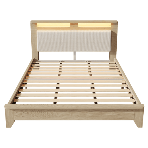 Cama de casal 180x200 cm - Cabeceira com arrumação, iluminação LED, encosto em veludo bege - Carvalho claro