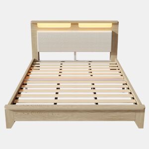 Cama de casal 180x200 cm - Cabeceira com arrumação, iluminação LED, encosto em veludo bege - Carvalho claro