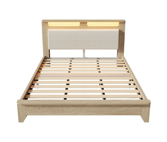 Cama doble 180x200 cm - cabezal con almacenamiento, iluminación led, respaldo de terciopelo beige - roble claro