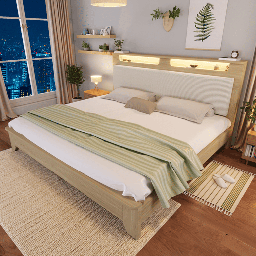Cama de casal 180x200 cm - Cabeceira com arrumação, iluminação LED, encosto em veludo bege - Carvalho claro