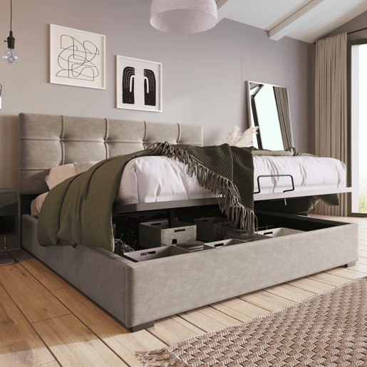 Cama estofada 140x200 cm - Cabeceira ajustável, estrutura metálica com estrado, com colchão, veludo, moderna com arrumação - cinza claro