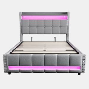 Cama estofada 140*200 - com LED, USB, cabeceira com prateleiras e arrumação, hidráulica para arrumação - Cinza Claro
