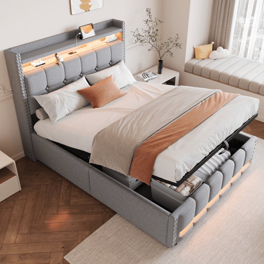 Cama estofada 140*200 - com LED, USB, cabeceira com prateleiras e arrumação, hidráulica para arrumação - Cinza Claro