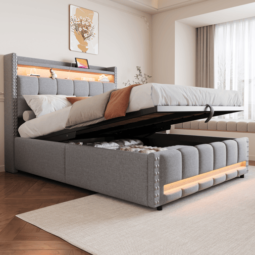 Cama estofada 140*200 - com LED, USB, cabeceira com prateleiras e arrumação, hidráulica para arrumação - Cinza Claro