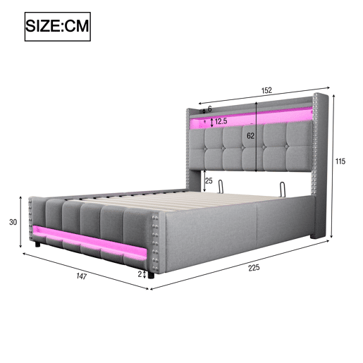 Cama estofada 140*200 - com LED, USB, cabeceira com prateleiras e arrumação, hidráulica para arrumação - Cinza Claro