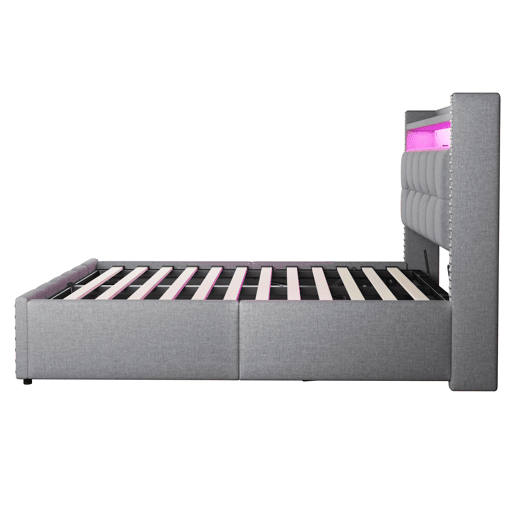 Cama estofada 140*200 - com LED, USB, cabeceira com prateleiras e arrumação, hidráulica para arrumação - Cinza Claro