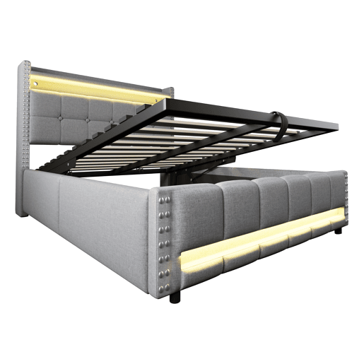 Cama estofada 140*200 - com LED, USB, cabeceira com prateleiras e arrumação, hidráulica para arrumação - Cinza Claro