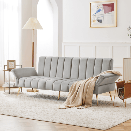Sofá-cama moderno de 2 lugares - com função de cama e pés auxiliares - Cinza