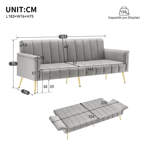Sofá-cama moderno de 2 lugares - com função de cama e pés auxiliares - Cinza
