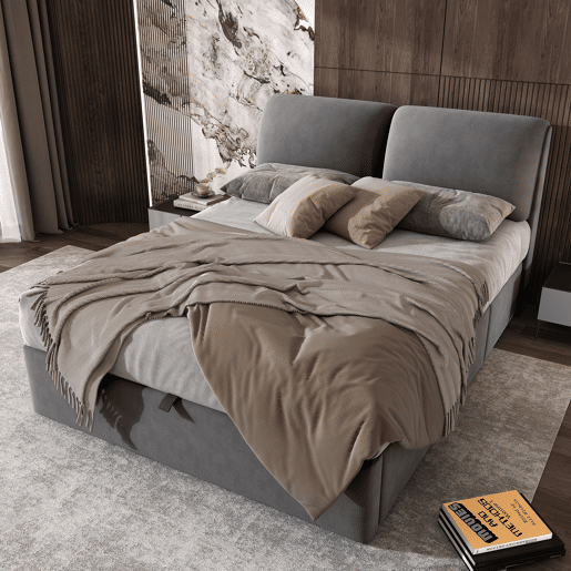 Cama estofada 140x190 com base hidráulica, 3 gavetas, baú e cabeceira de ripas - Cinza