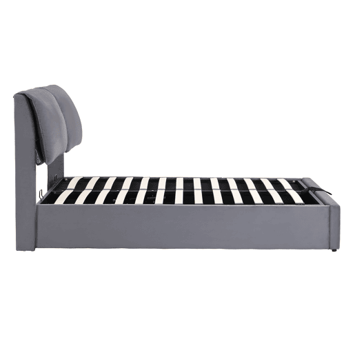 Cama estofada 140x190 com base hidráulica, 3 gavetas, baú e cabeceira de ripas - Cinza