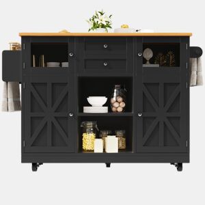 Ilha de cozinha - Carrinho de sala de jantar com superfície de trabalho, armário buffet, portas tridimensionais com rodas, divisória ajustável - Preto