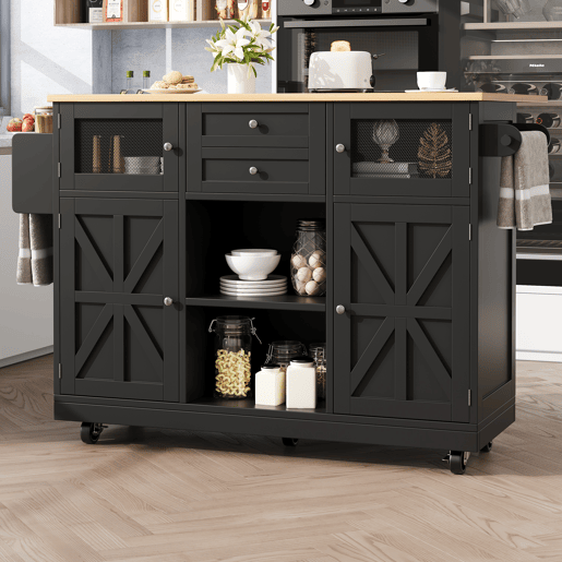 Ilha de cozinha - Carrinho de sala de jantar com superfície de trabalho, armário buffet, portas tridimensionais com rodas, divisória ajustável - Preto