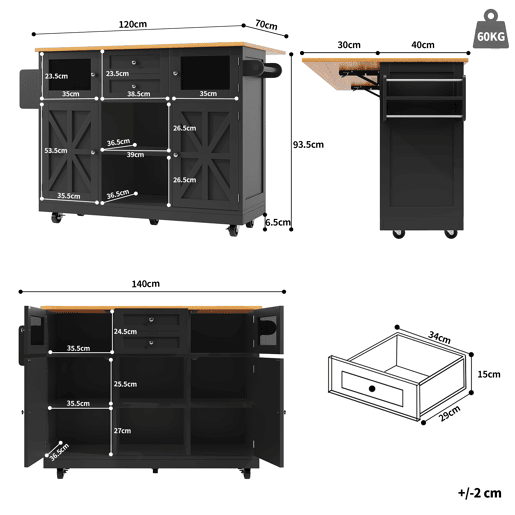 Ilha de cozinha - Carrinho de sala de jantar com superfície de trabalho, armário buffet, portas tridimensionais com rodas, divisória ajustável - Preto