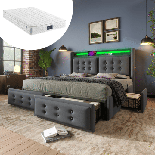 Cama estofada 160x200 - Com cabeceira LED e função de carregamento USB C, 4 gavetas, estrutura de madeira e metal, capacidade para 300 kg - Cinza
