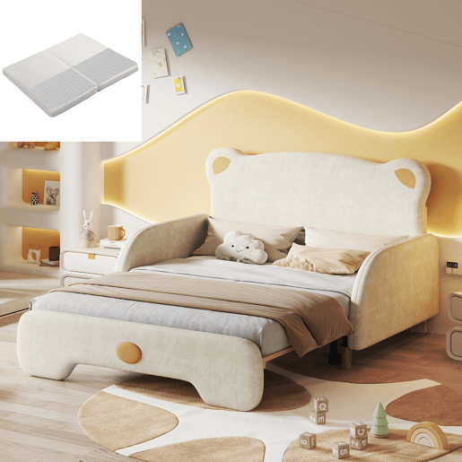 Cama infantil dupla 140x200 cm - design em forma de urso com borda acolchoada e estrado de madeira - Bege